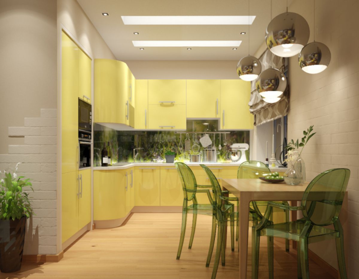 В интерьере - желтый цвет. Прихожая, ванная, гостиная, кухня в желтом 4514